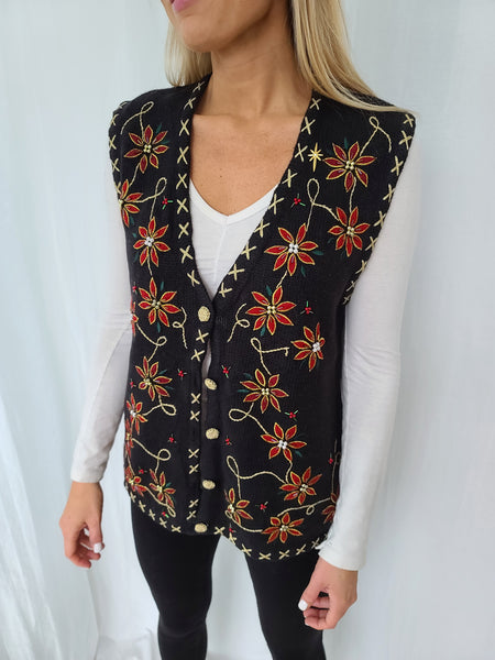 Poinsettia Strings Black Christmas Vest