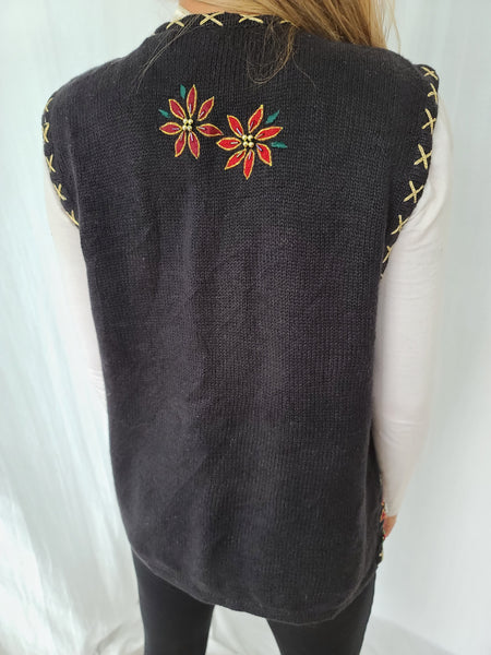 Poinsettia Strings Black Christmas Vest