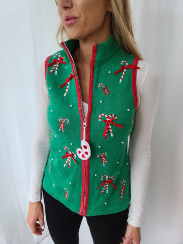 Candy Cane Green Zip up Christmas Vest
