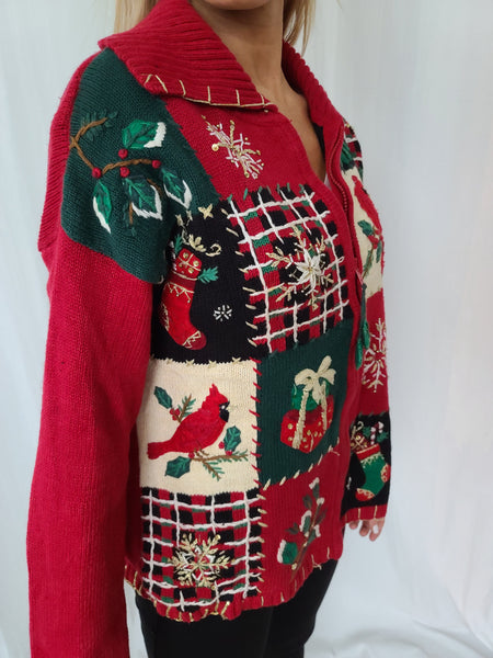 Vintage 2004 Quilt-like pattern Zip up Christmas Sweater