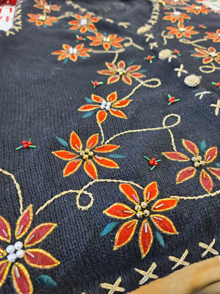Poinsettia Strings Black Christmas Vest