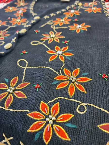 Poinsettia Strings Black Christmas Vest