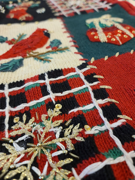 Vintage 2004 Quilt-like pattern Zip up Christmas Sweater