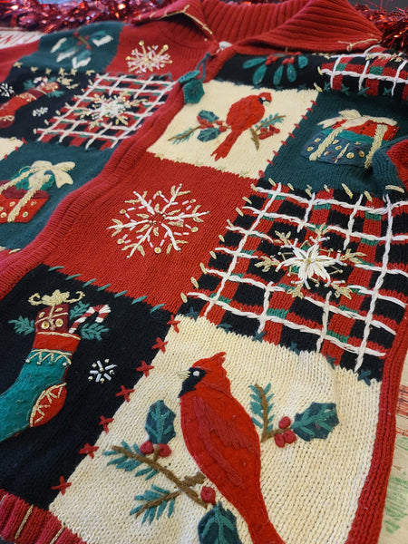 Vintage 2004 Quilt-like pattern Zip up Christmas Sweater