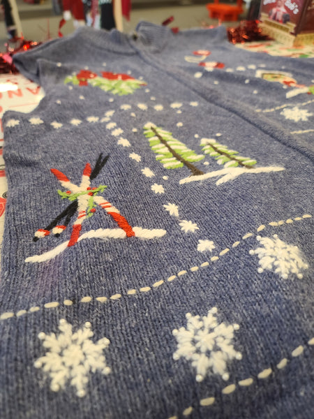 Blue winter themed Zip up Sweater