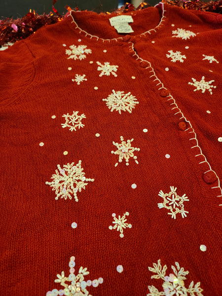 Snowflakes on Red Button up Sweater