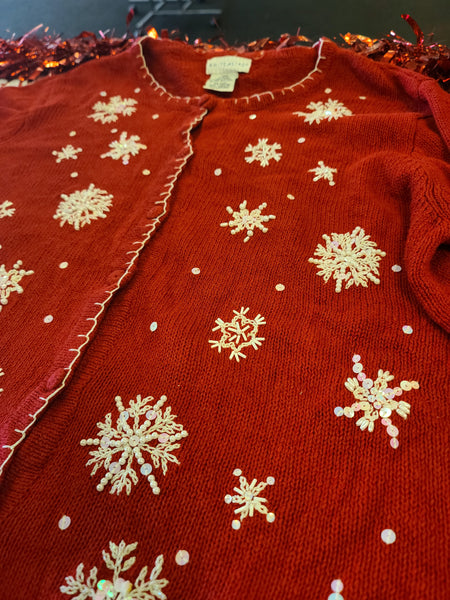 Snowflakes on Red Button up Sweater