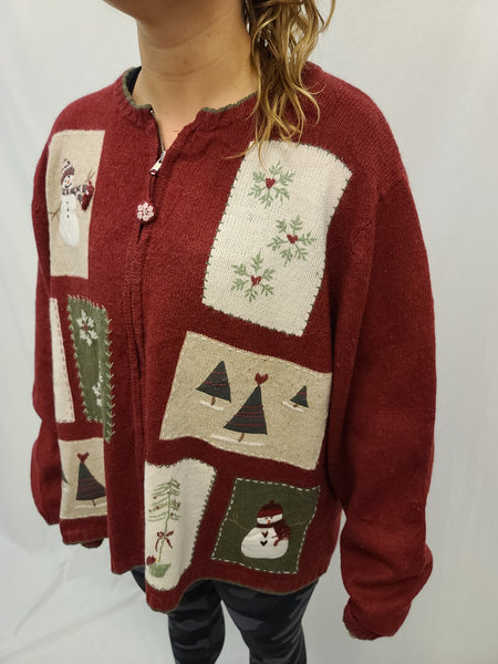 Snowmen and Trees Patch Zipper Sweater
