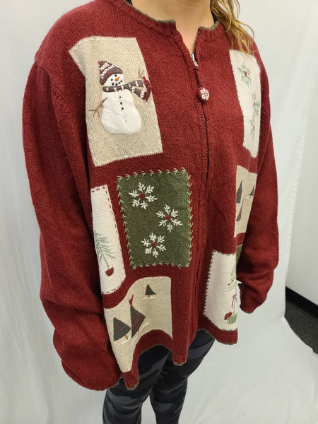 Snowmen and Trees Patch Zipper Sweater