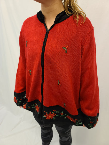 Poinsettia and Holly Zipper Sweater