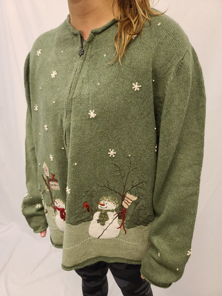 Snowmen in a Field with Snow Falling Zipper Sweater