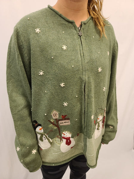Snowmen in a Field with Snow Falling Zipper Sweater