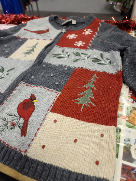 Cardinal and Tree Patchwork Zipper Sweater
