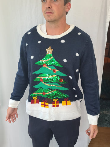 Christmas Tree on Navy Blue Sweater