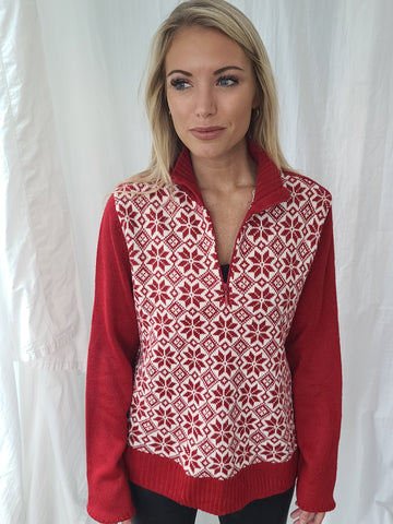 Red Snowflake Quarter-zip Pullover Winter Sweater
