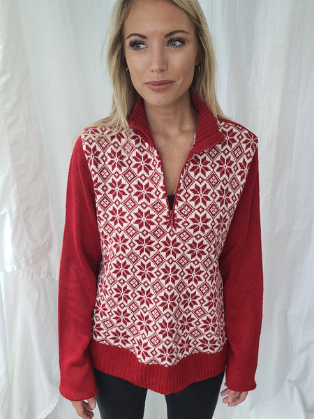 Red Snowflake Quarter-zip Pullover Winter Sweater