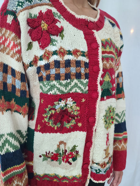 Rare Vintage 1998 Quilt-Like Cardigan Christmas Sweater