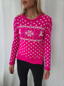 Hot Pink Reindeer Polka-dot Winter Sweater