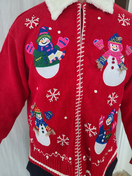Snowmen with furry collar zip-up Christmas Sweater