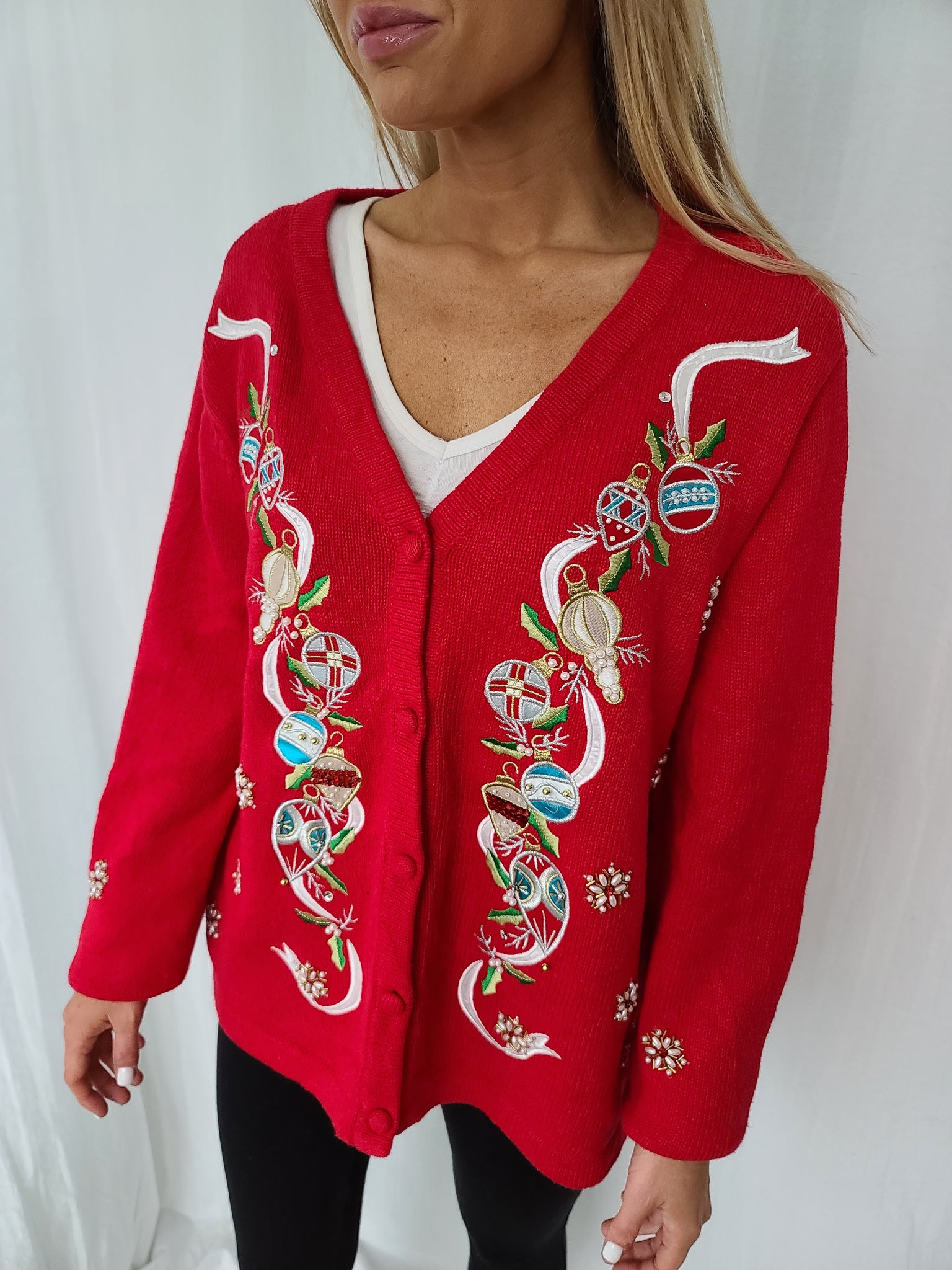Ornaments and Snowflakes Red Button up V-neck Christmas Sweater