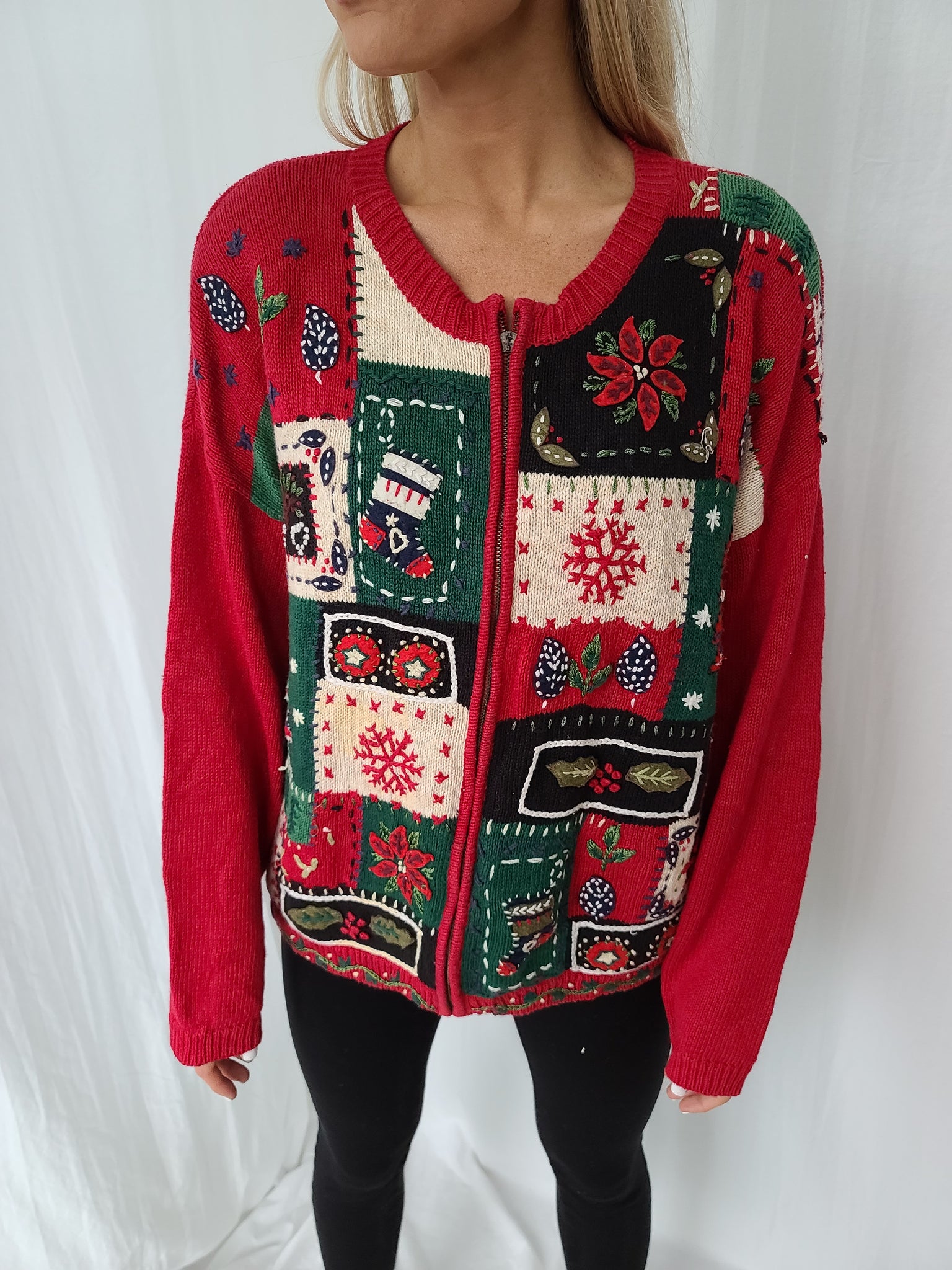 Quilt-Like Vintage 2000 Patchwork Zip up Christmas Sweater