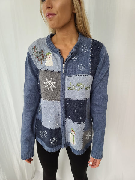 Snowman and Snow Winter Blue Zip up Sweater