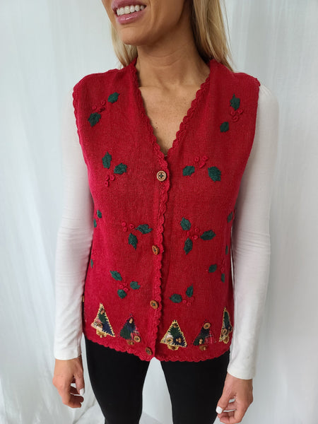 Red Christmas Tree Eagle's Eye Button Vest
