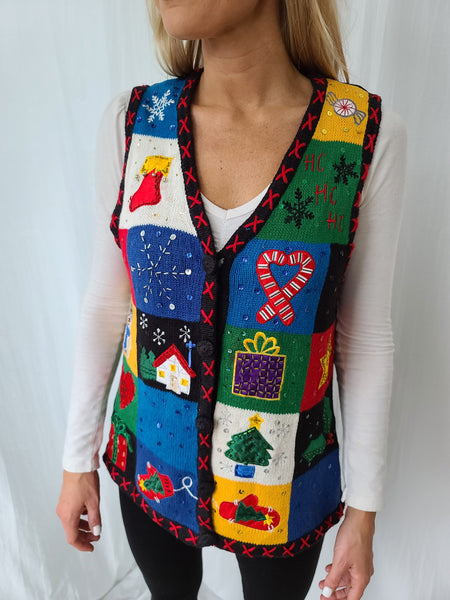 Multicolored Vintage Christmas Squares Vest