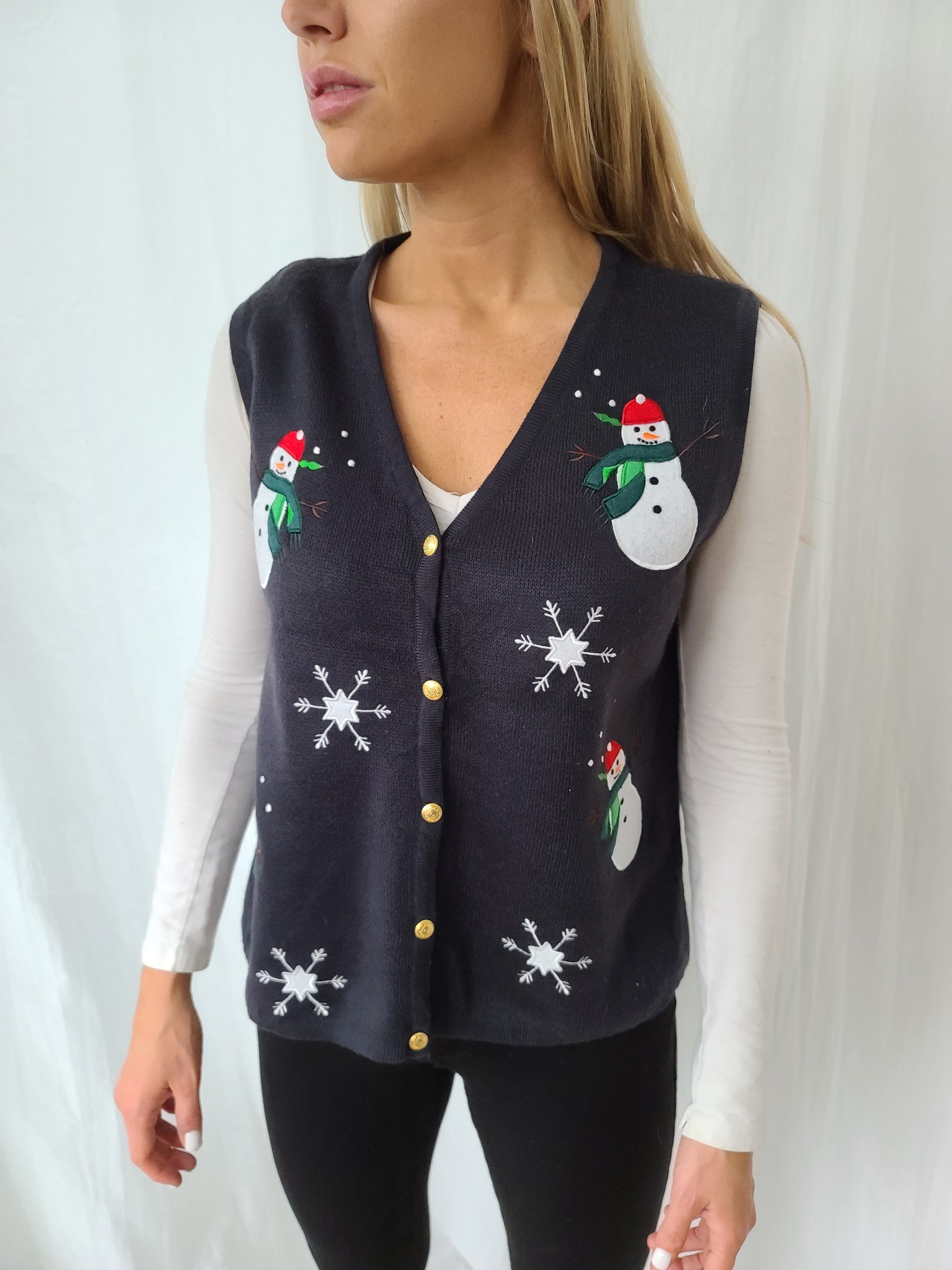 Snowman Blue Button Christmas Vest