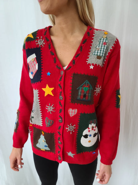 Christmas Patches Button up v-neck Sweater