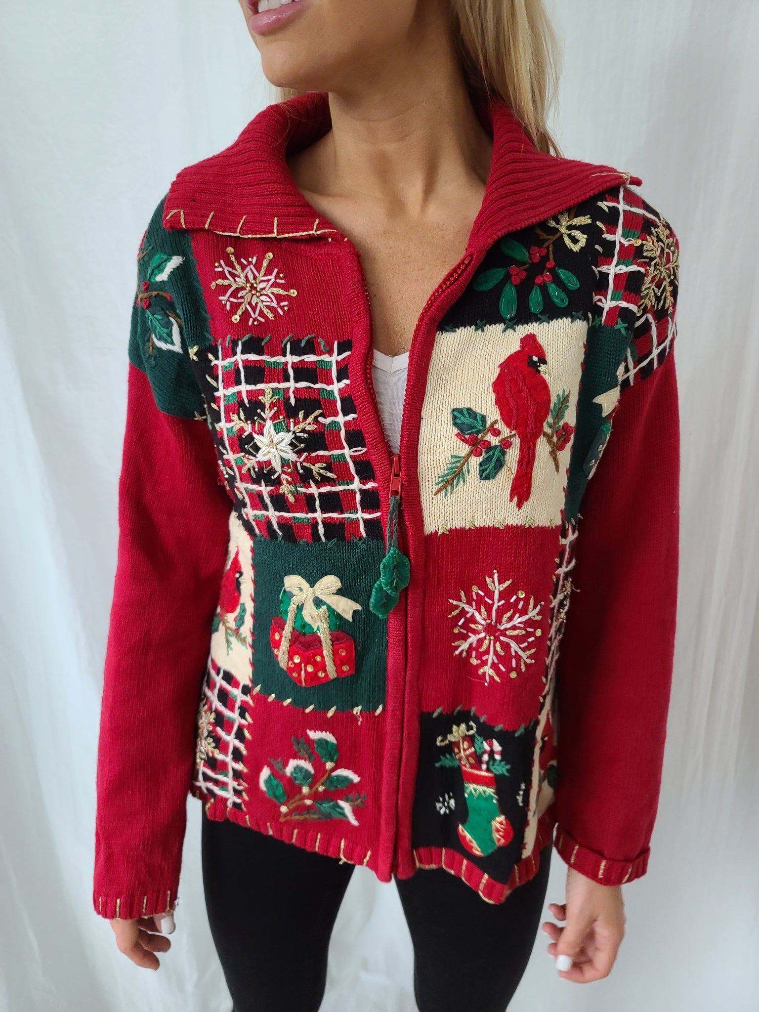 Vintage 2004 Quilt-like pattern Zip up Christmas Sweater