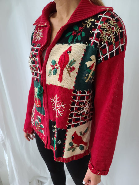 Vintage 2004 Quilt-like pattern Zip up Christmas Sweater