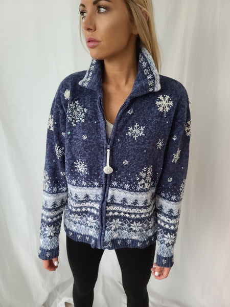 Vintage 2003 Blue Snowflake Zip up Winter Sweater