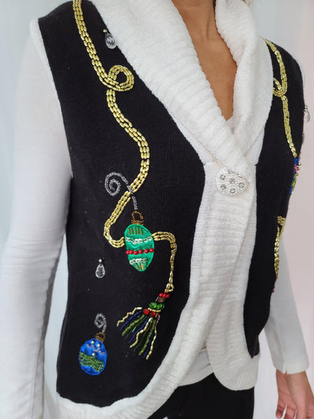 Single Button Black and White Ornament Vest