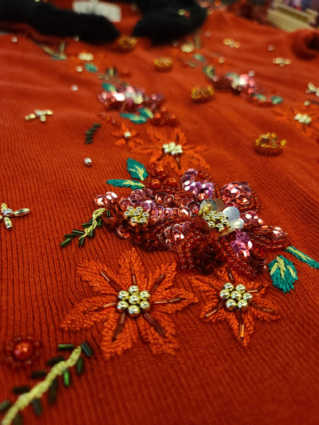 Highly Embroidered Poinsettia with Furry Collar Christmas Sweater