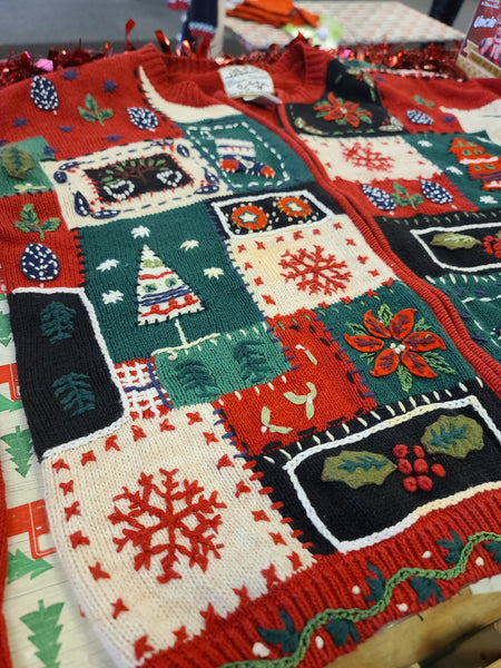 Quilt-Like Vintage 2000 Patchwork Zip up Christmas Sweater