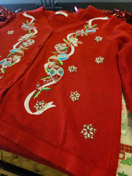Ornaments and Snowflakes Red Button up V-neck Christmas Sweater