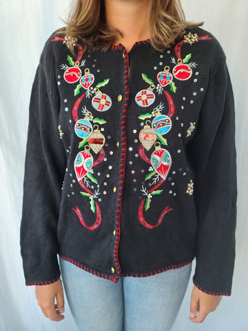 Ornaments and Ribbon button up Christmas Sweater