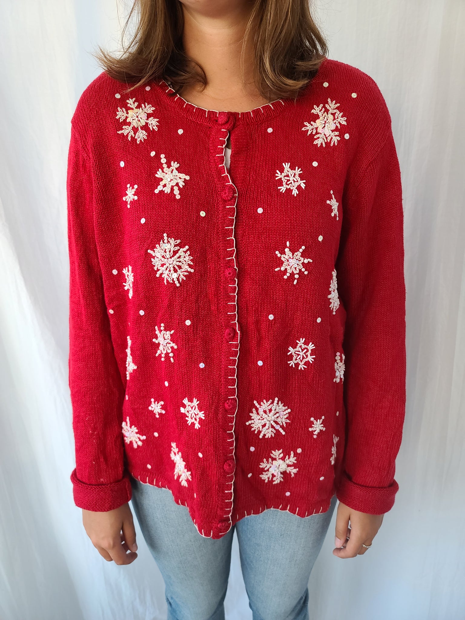 Snowflakes on Red Button up Sweater