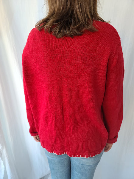 Snowflakes on Red Button up Sweater