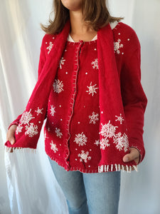 Embroidered Snowflakes Button up Sweater with Scarf