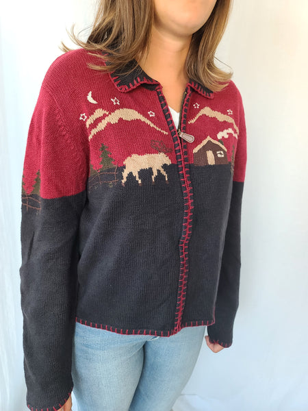 Winter Cabin in the Mountains Zip up Sweater