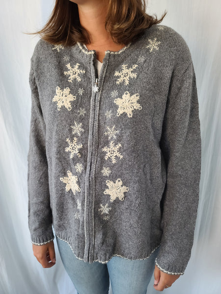 Grey Snowflakes Zip up Winter Sweater