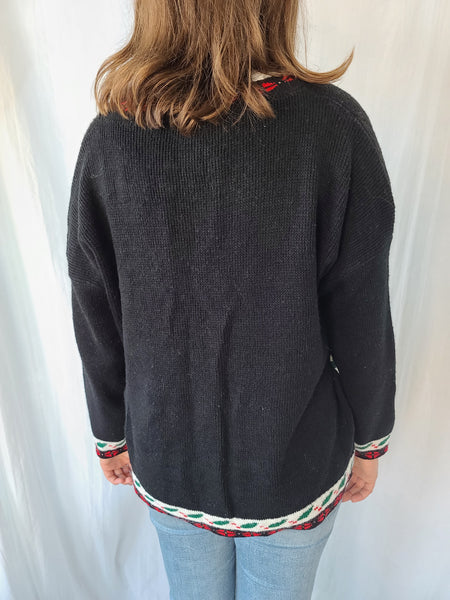 Deep V-Neck Vintage Black Christmas Sweater