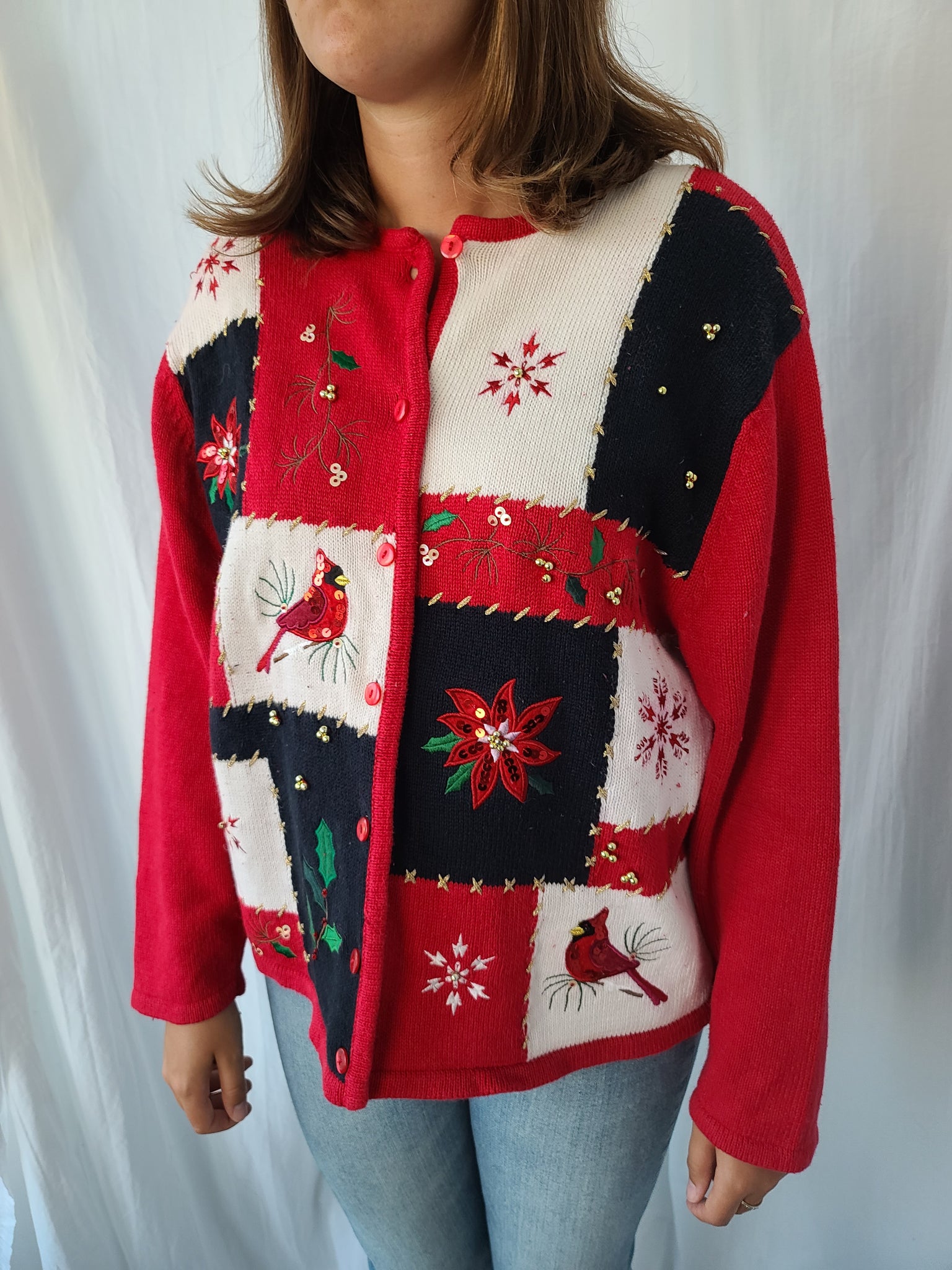 Cardinals and Poinsettia Checkered Button Christmas Sweater