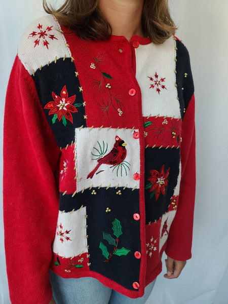 Cardinals and Poinsettia Checkered Button Christmas Sweater