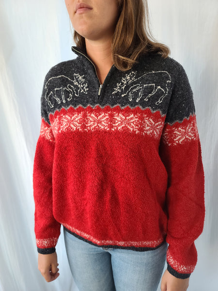Moose Grey and Red Sweater