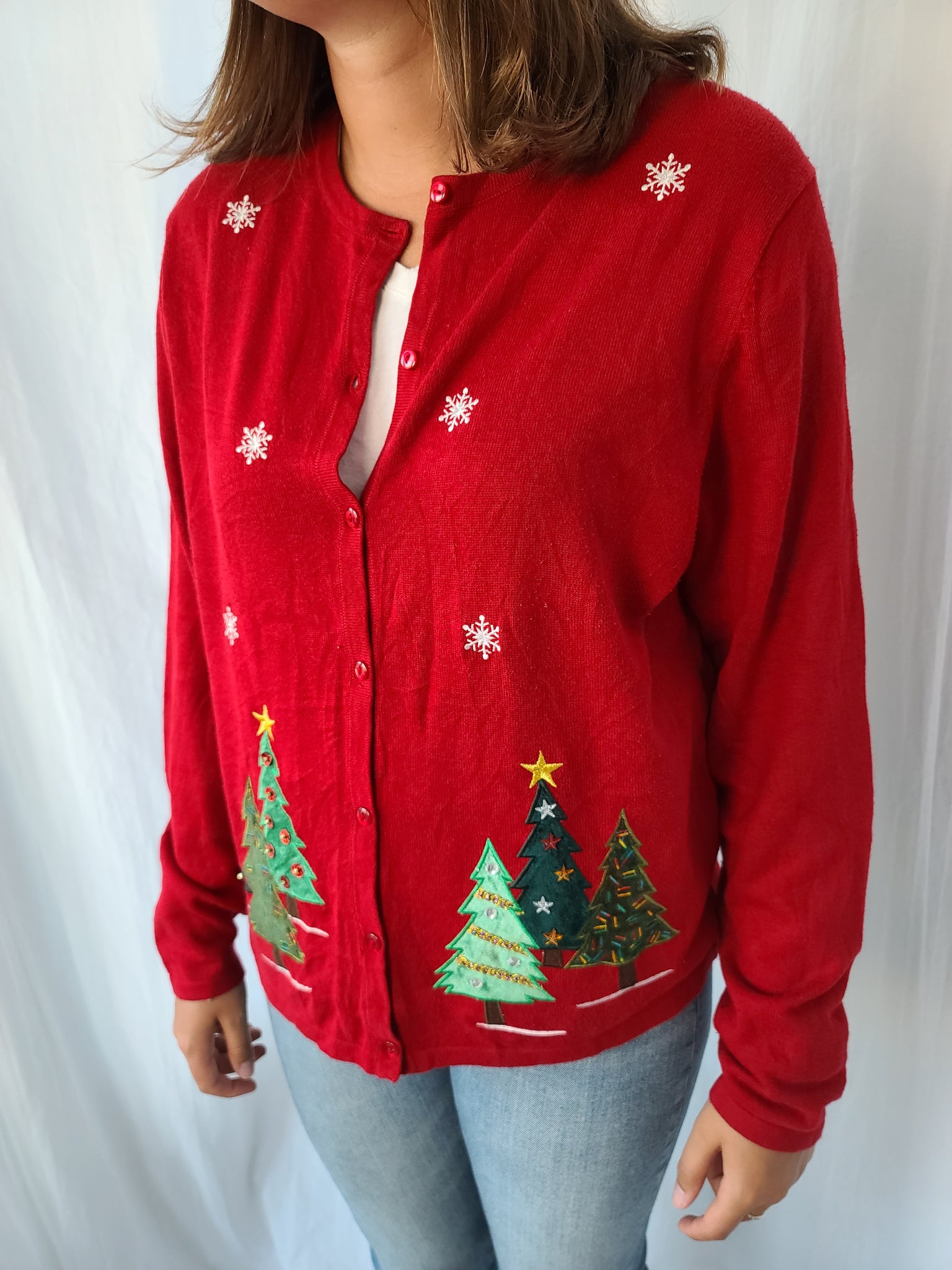 Trees and Snowflakes Red Button Christmas Sweater