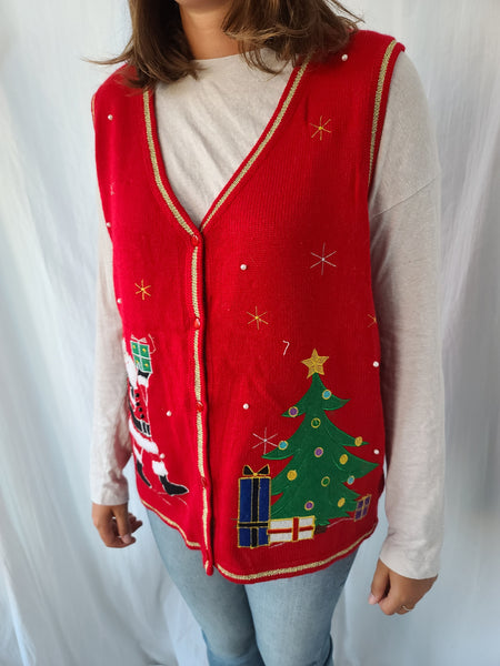 Santa and Christmas Tree 🎄 Red Button up Vest