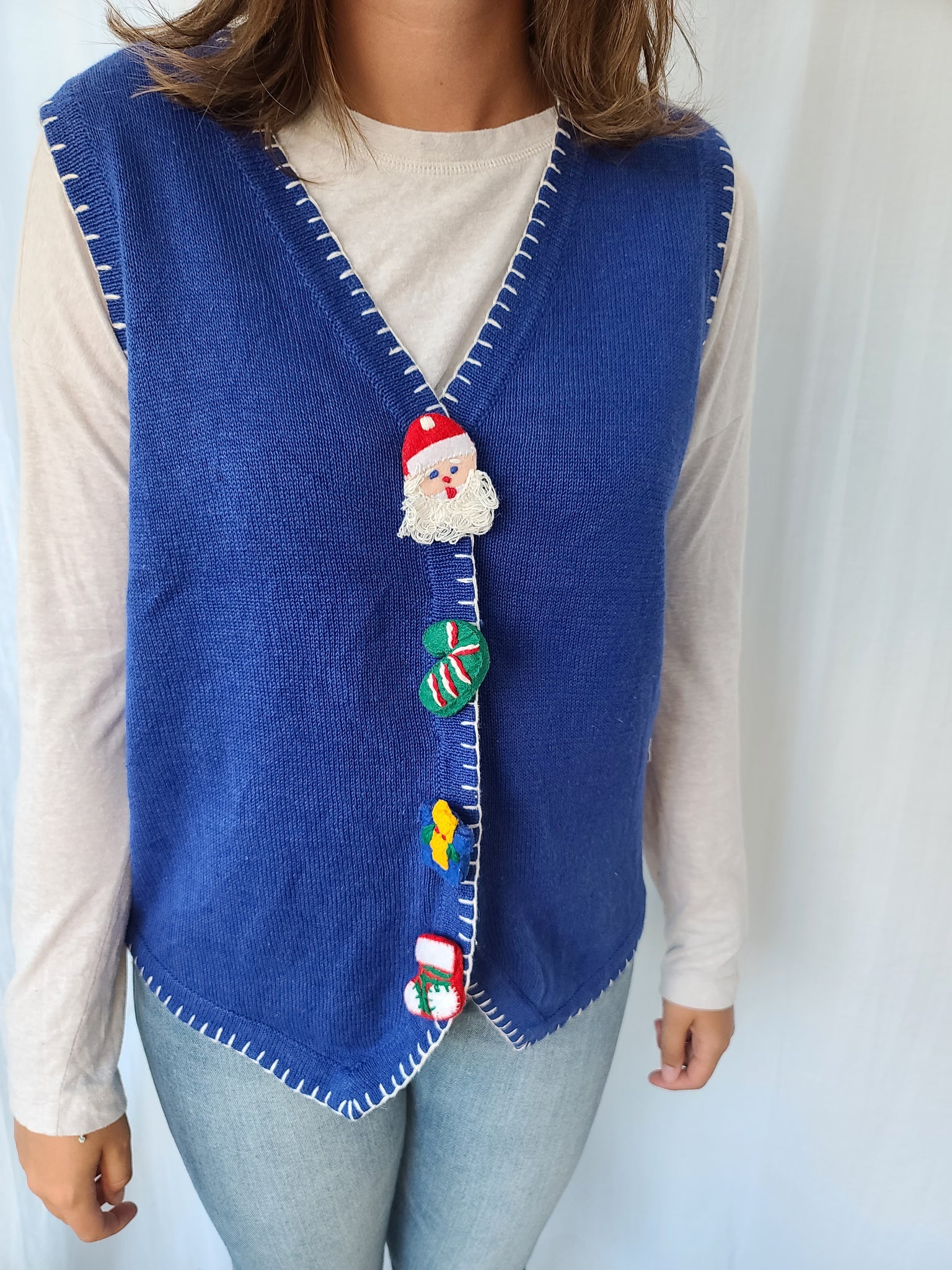 Simple Blue Sweater with Special Buttons Vest